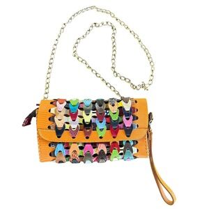 Jesslyn Blake Woven Patchwork Leather Crossbody Wristlet Bag Orange Multi Color